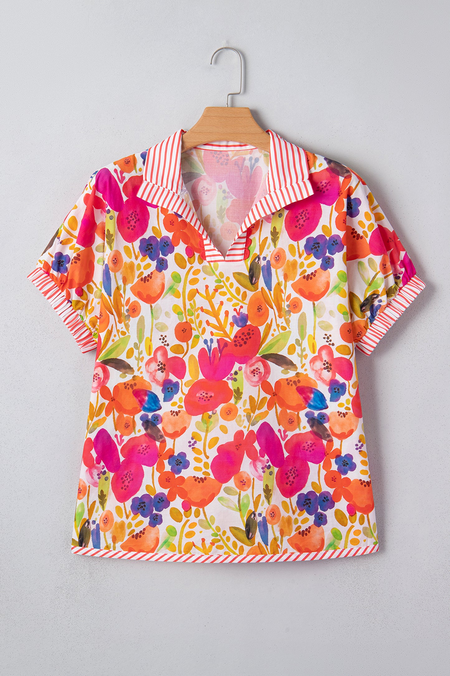 Rose Striped Trim Collared V Neck Short Sleeve Floral Print Blouse