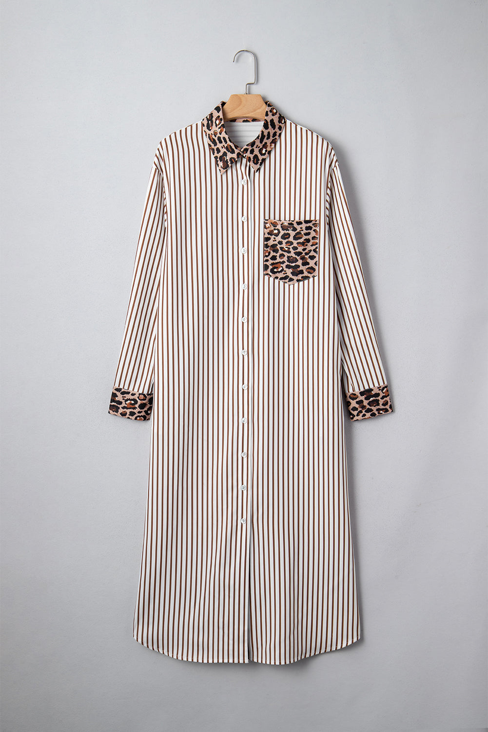 Brown Stripe Contrast Leopard Patchwork Long Shirt Dress with Slits