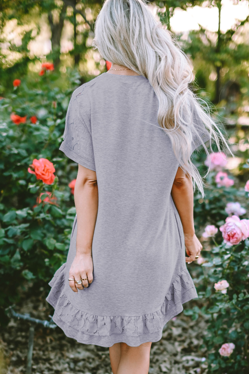 Light Grey Lace Floral Patchwork Ruffled T-shirt Dress