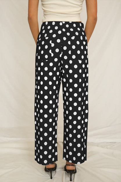 Sky Blue Polka Dot Print Patched Pocket Mid-rise Straight Leg Pants