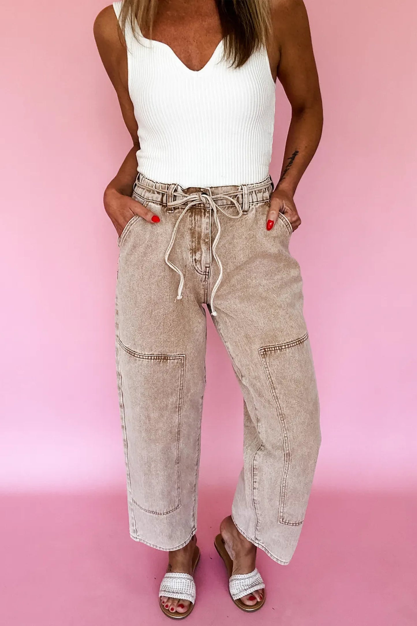 Gray Acid Wash Barrel Fit Denim Pants with Waist String
