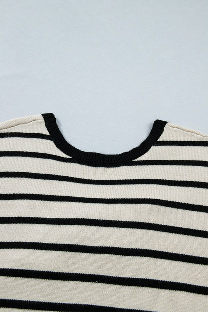Black Stripe Bow Applique Short Sleeve Sweater