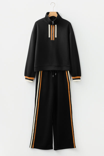 Gray Striped Patchwork Quarter Zip Pullover Loose Pant Set