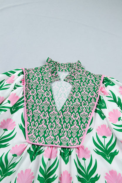 Multicolour Floral Print Puff Sleeve Contrast Bordered V Neck Blouse