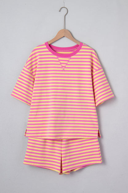Yellow Stripe Drop Shoulder Boxy Casual Terry Short Set