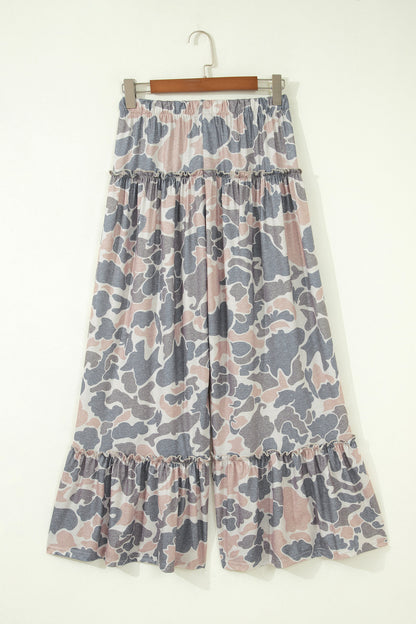 Brown Camo Print Wide Leg Casual Pants