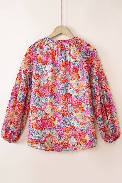 Orange Floral Print V Neck Long Puff Sleeve Top
