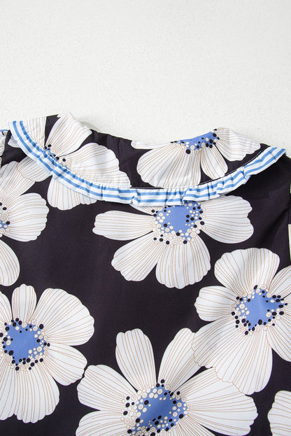Black Floral Print Striped Tie Sleeve Collared V Neck Blouse