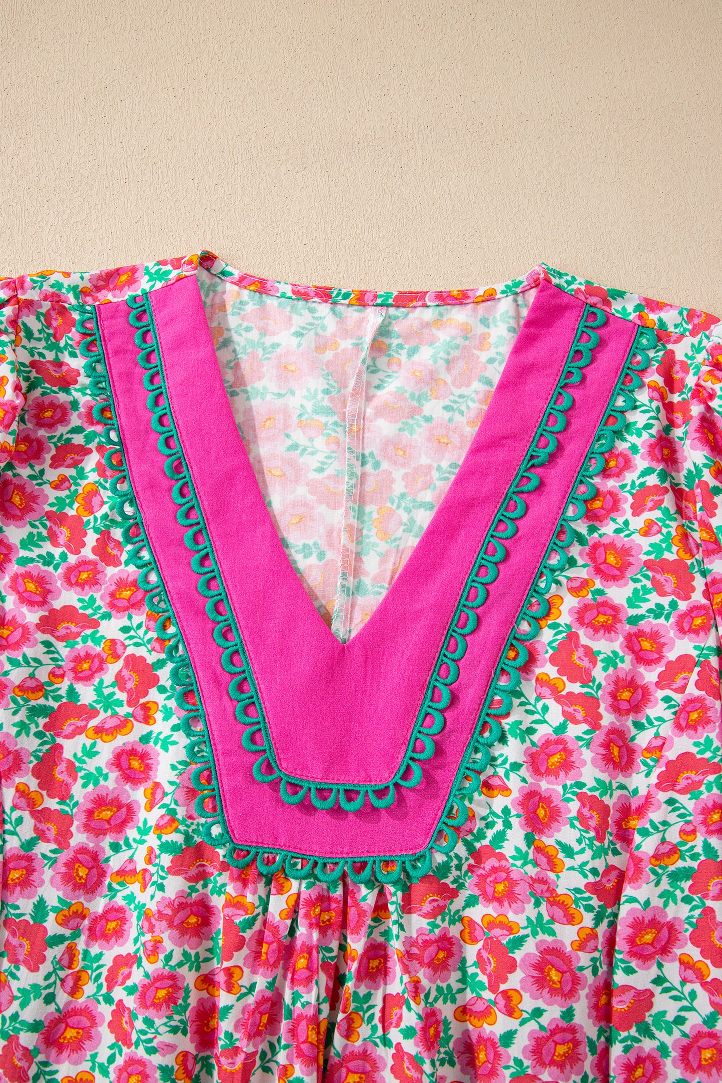 Pink Floral Print V Neck Patchwork Short Bubble Sleeve Mini Dress