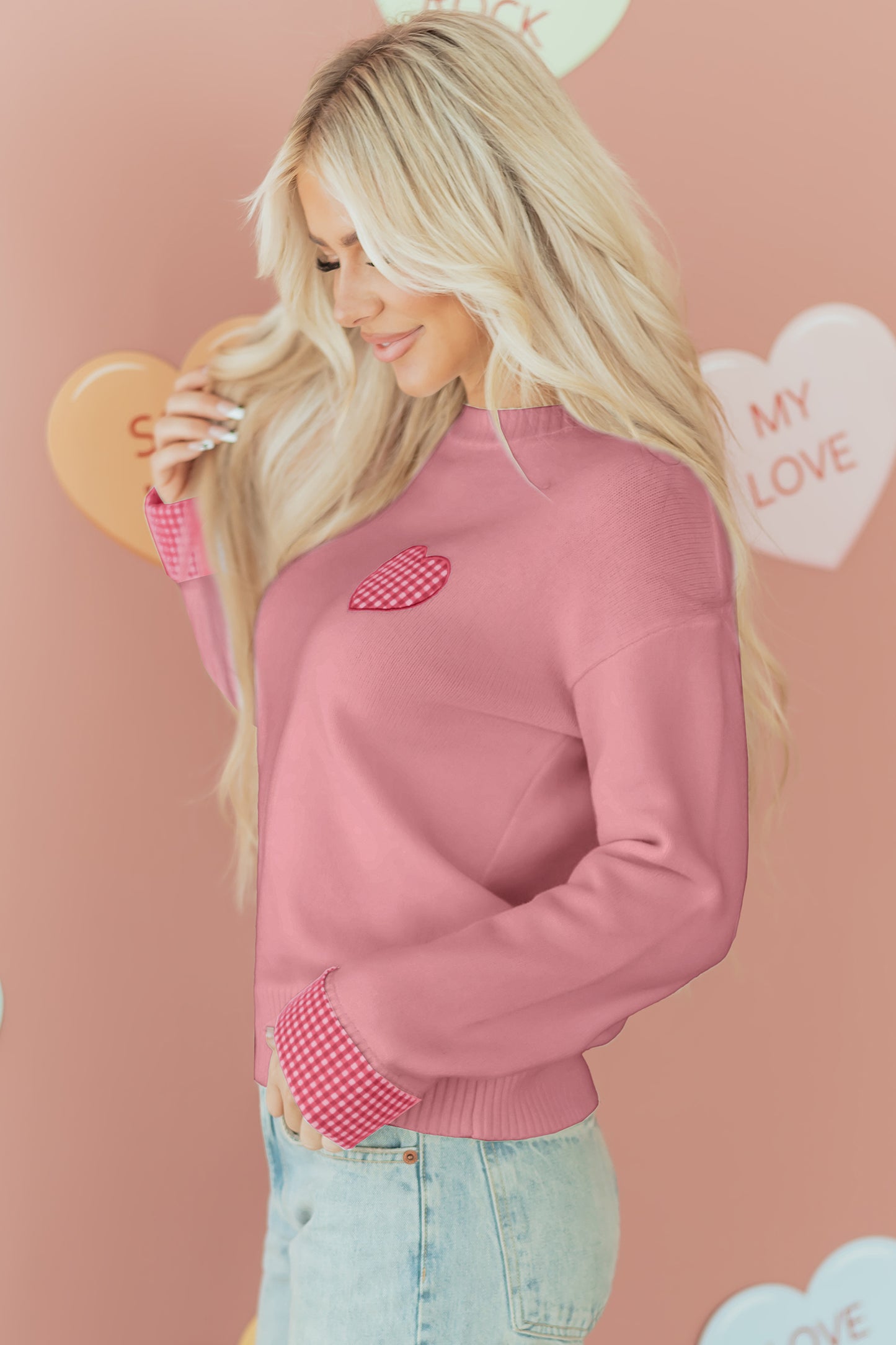 Light Pink Plaid Heart Embroidered Cuffed Drop Shoulder Crew Neck Sweater
