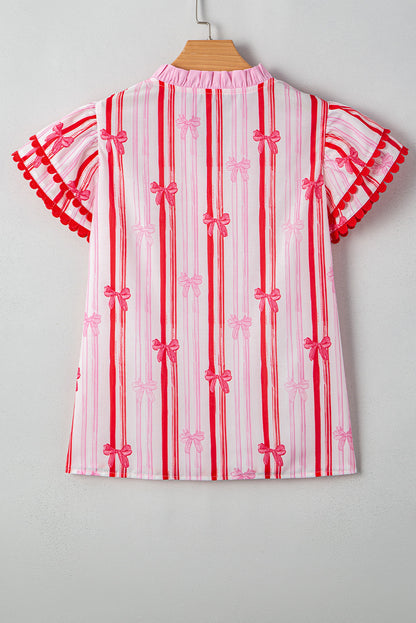 Pink Ric-rac Trim Ruffled Sleeve V Neck Bow Striped Printed Blouse