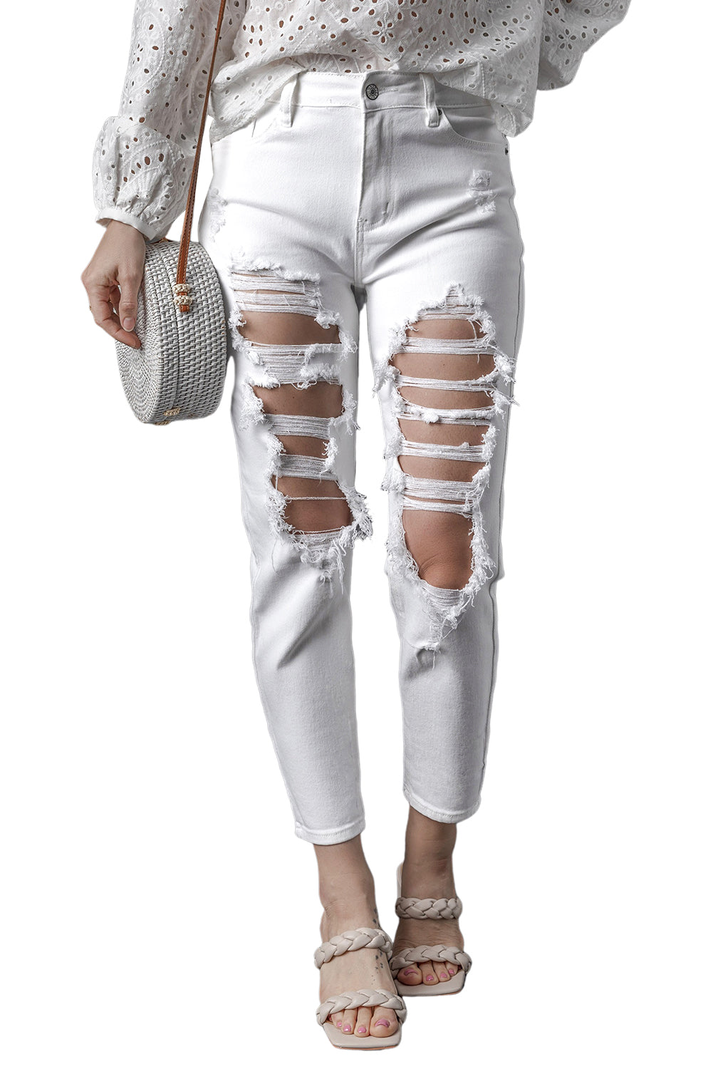 White Distressed Ripped Holes High Waist Skinny Jeans