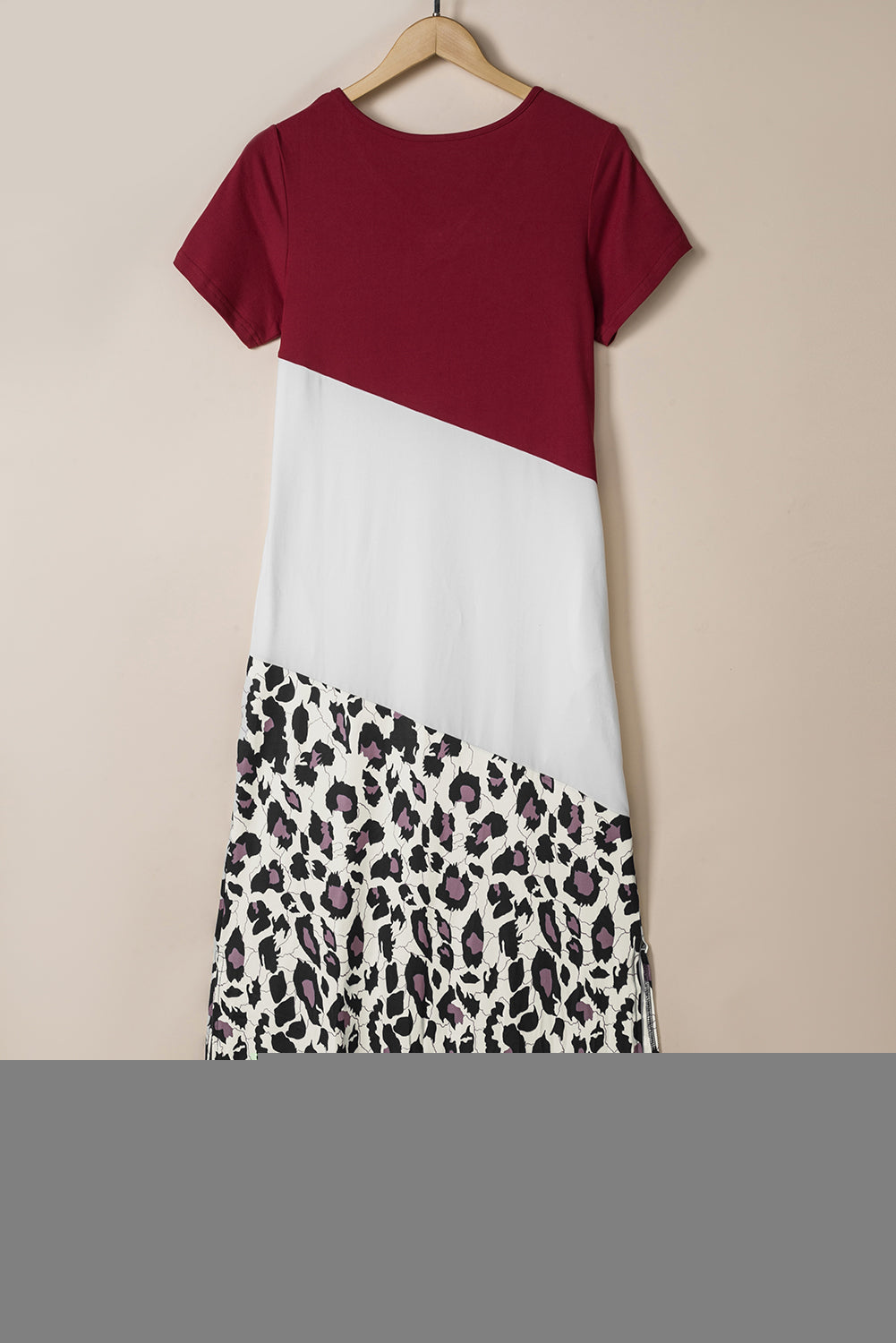 Fiery Red Leopard Color Block Side Slit T Shirt Maxi Dress