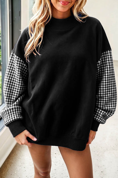 Pink Plaid Sleeve Colorblock Loose Tunic Sweatshirt