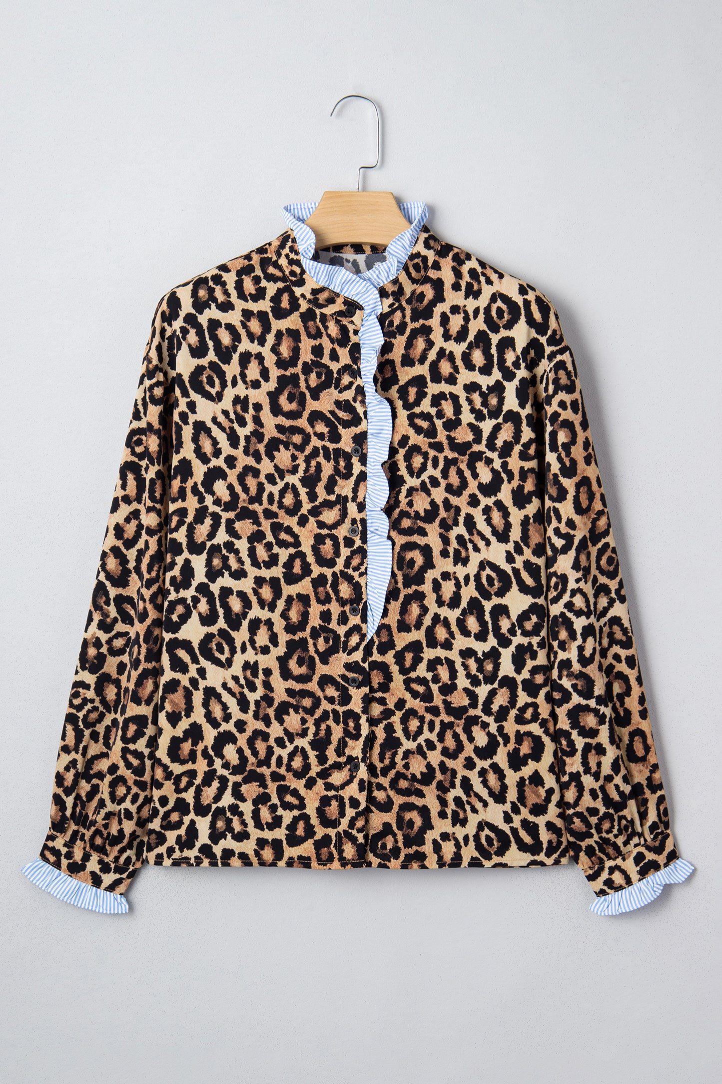 Brown Wild Leopard Print Contrast Striped Frilled Trim Chic Shirt