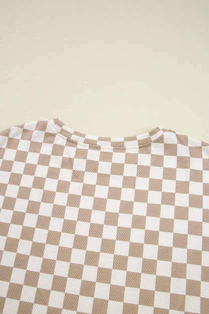 Khaki Checkered Long Sleeve Crop Top High Waist Skort 2pcs Set