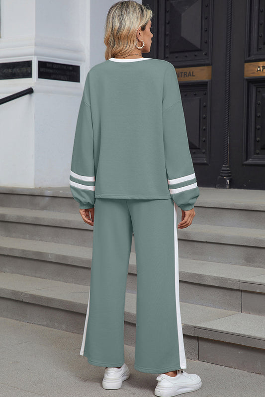 Blue Varsity Stripe Patchwork Puff Sleeve Pullover Drawstring Wide Leg Pant Set
