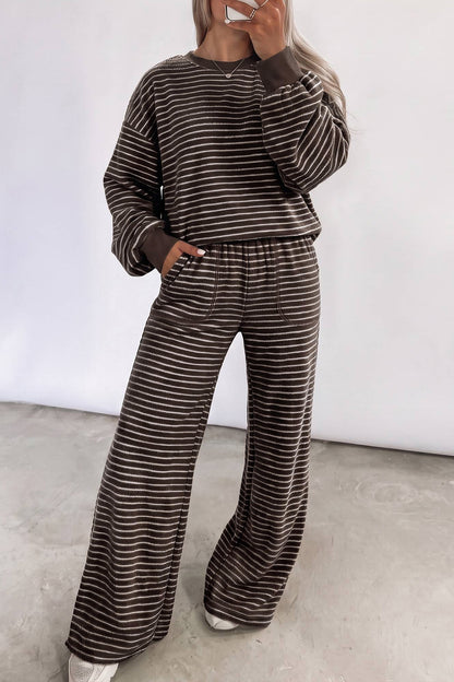 Black Stripe Cozy Terry Knit Long Sleeve Pullover Pocketed Shift Pants 2pcs Sets