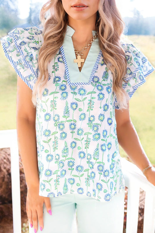Green Floral Print Striped Detail Contrast V Neck Patchwork Flutter Sleeve Blouse