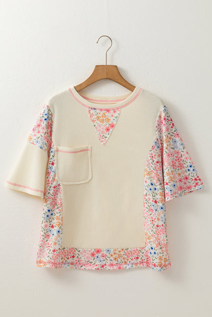 Beige Floral Patchwork Chest Pocket Wide Sleeve Waffle T Shirt