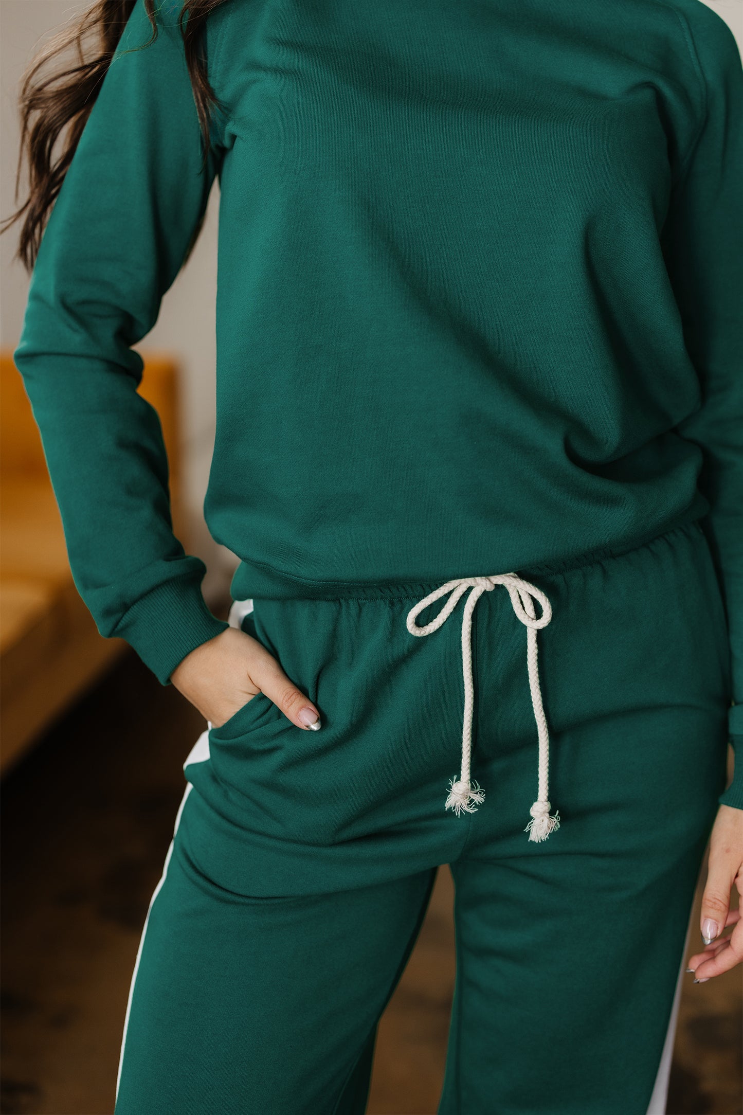 Sea Green Solid Color Pullover Top Varsity Stripe Detail Loose Drawstring Pants Set