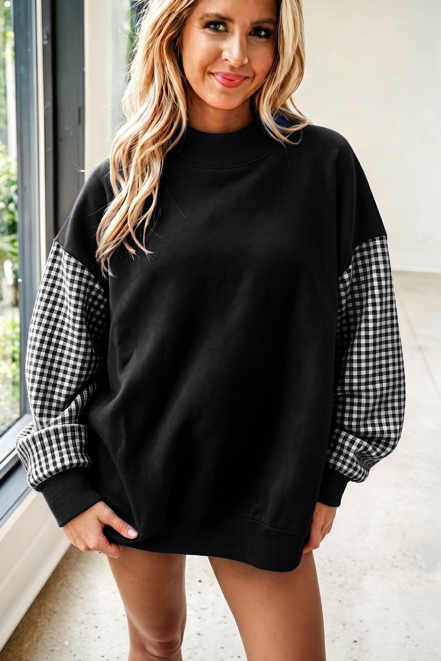 Pink Plaid Sleeve Colorblock Loose Tunic Sweatshirt