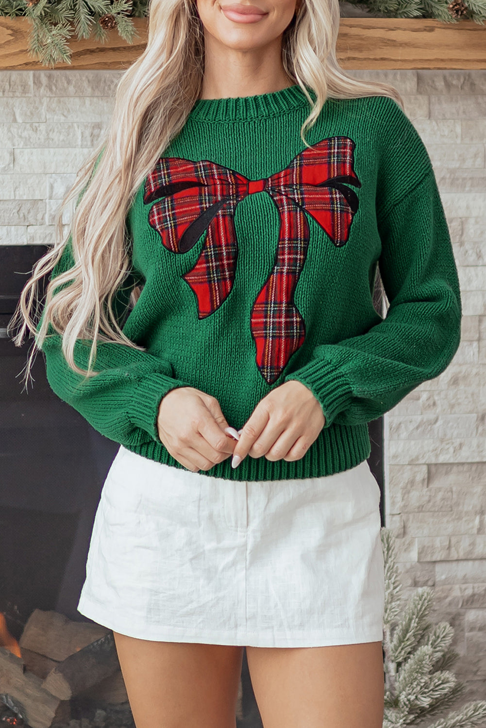 Evergreen Plaid Bow Graphic Christmas Sweater