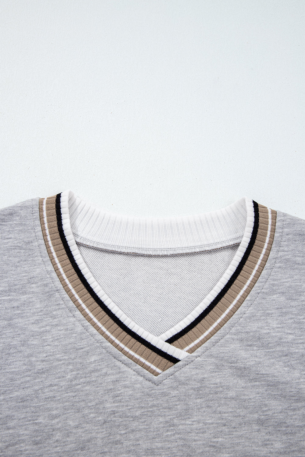 Navy Blue Varsity Contrast Striped Trim V Neck Sweatshirt