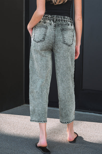 Gray Acid Wash Barrel Fit Denim Pants with Waist String