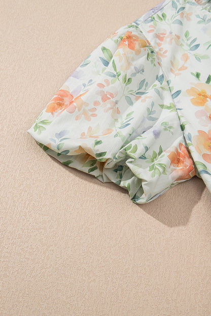 Beige Floral Print Shirred High Waist Puff Sleeve Mini Dress