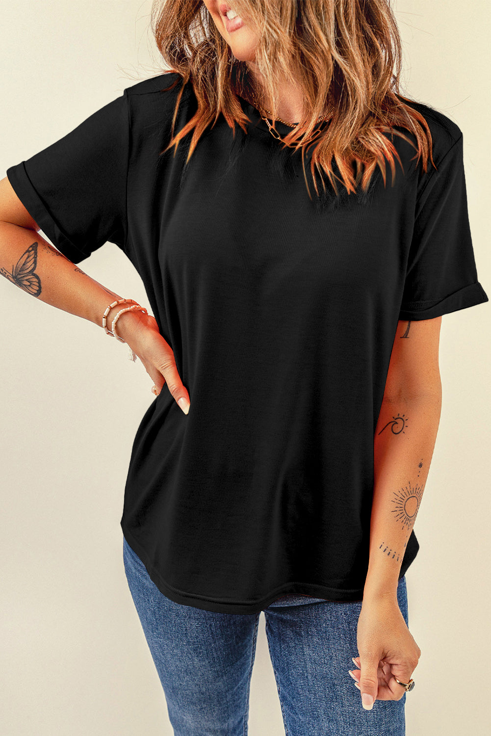 Yellow Cream Casual Plain Crew Neck Tee