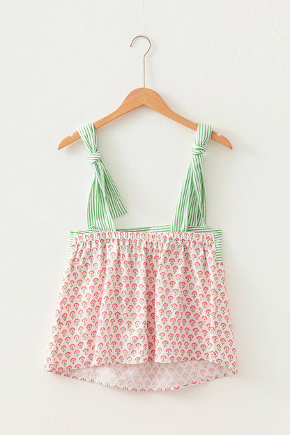 Green Fashion Printed Knot Straps Babydoll Tank Top