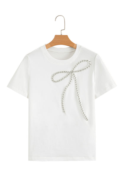 White Rhinestone Bow Embellished Round Neck Tee