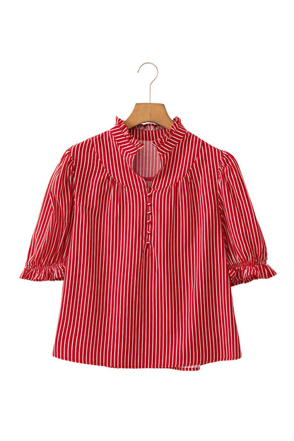 Red Stripe Ruffled Short Puff Sleeve Button Front Blouse