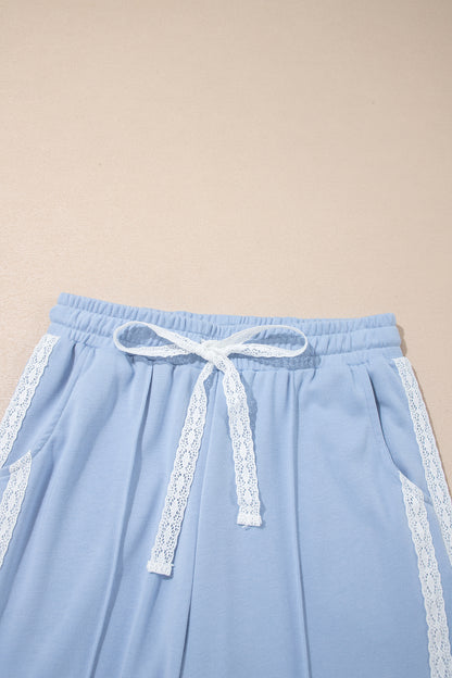 Sky Blue Lace Accent Zipped Collar Short Sleeve Top Sweatpants Set