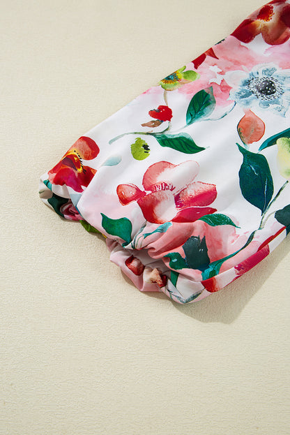 Red Floral Contrast Striped V Neck Puff Half Sleeve Shift Dress