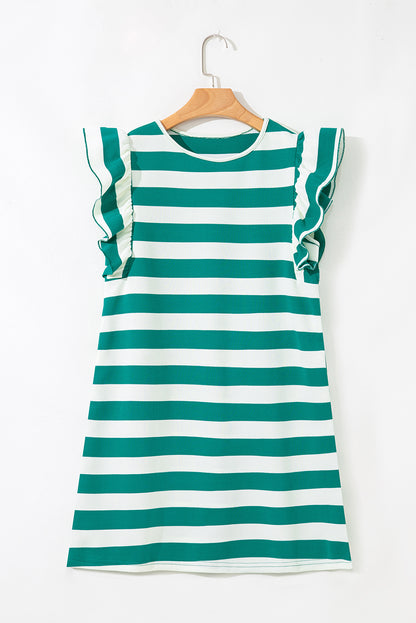 Green Stripe Flutter Sleeve Round Neck Shift Dress