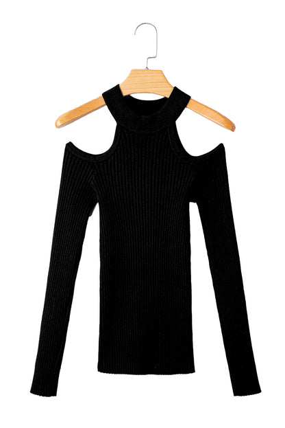 Black Ribbed Knit Cold Shoulder Choker Neck Sweater