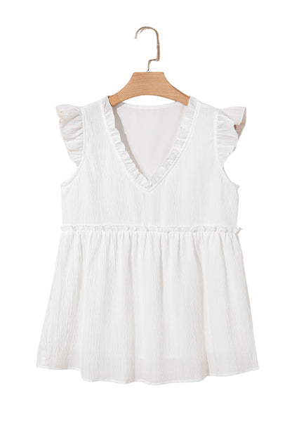 White Textured Ruffled Trim V Neck Flutter Flowy Top
