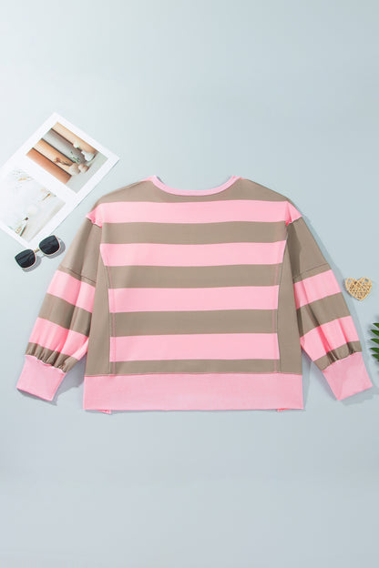 Pink Stripe Raw Seam Patchwork Drop Shoulder Plus Size Sweatshirt