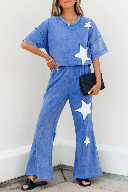 Ashleigh Blue Acid Wash Star Patched Rolled Trim Pants Set