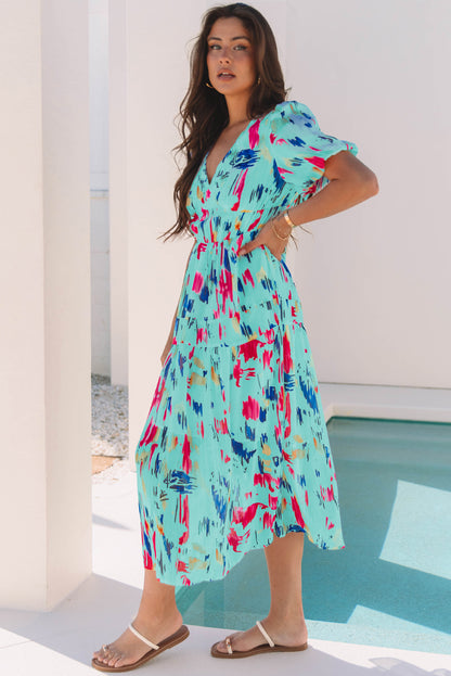 Sky Blue Abstract Print Short Puff Sleeve Tiered Maxi Dress