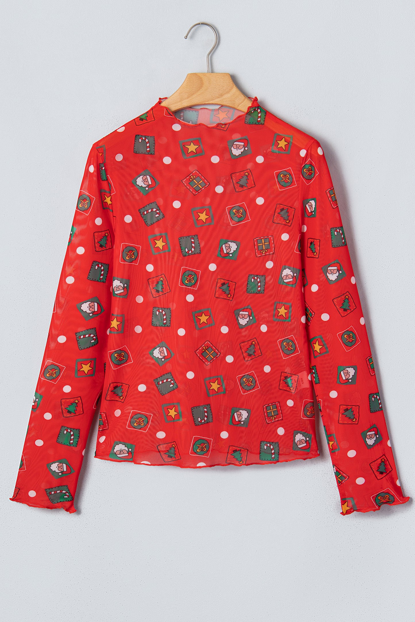 Fiery Red Christmas Elements Printed Long Sleeve Sheer Mesh Top