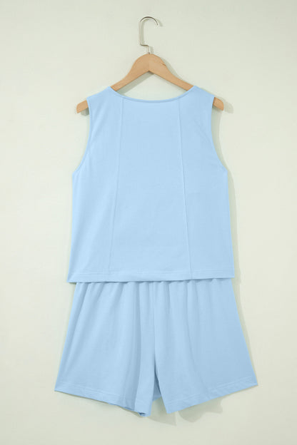Pink Stitched Detail Loose Tank Top Cotton 2pcs Short Set