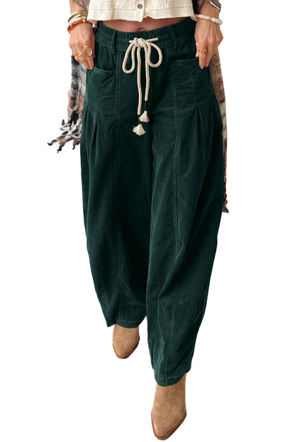 Blackish Green Elastic Waist Drawstring Corduroy Casual Pants
