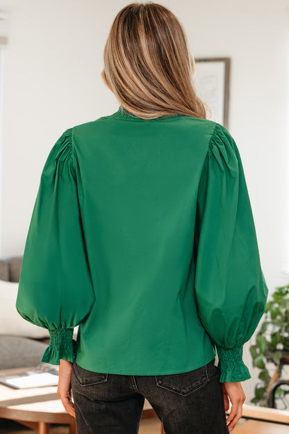 Evergreen Puffy Flounce Sleeve Leopard Trim V Neck Blouse