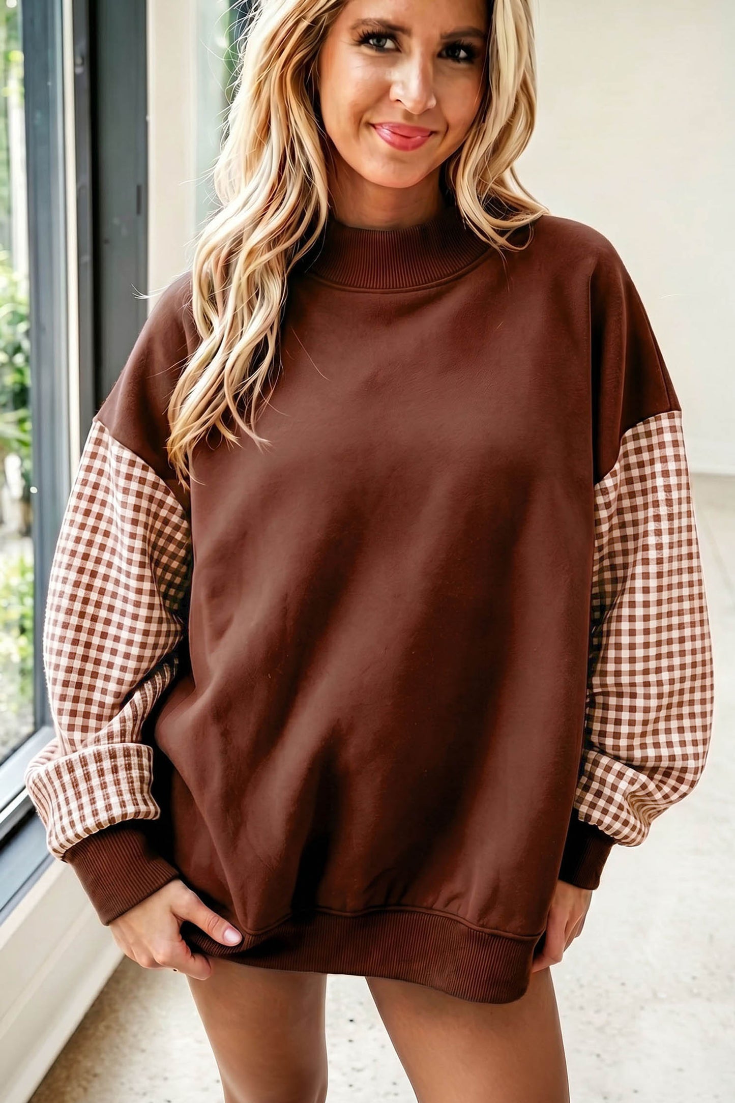 Pink Plaid Sleeve Colorblock Loose Tunic Sweatshirt