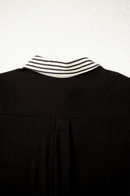 Black Stripe Detail Polo Collar Half Buttons Tied Short Sleeve Shift Mini Dress
