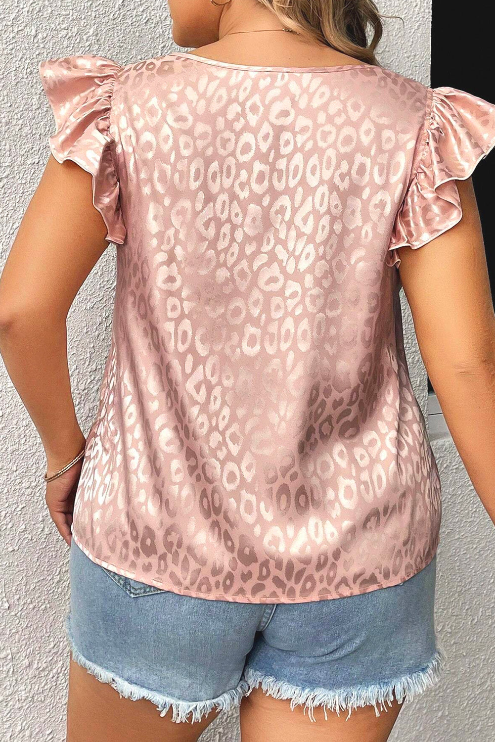 Pink Plus Size Leopard Print Ruffled Flutter Sleeve Satin Blouse