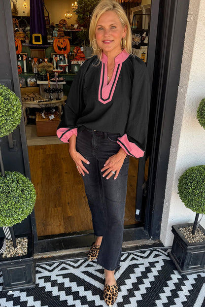 Black Color Block Patchwork Detail V Neck Textured Long Sleeve Blouse